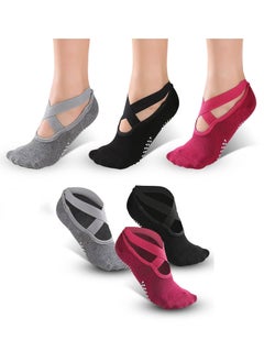 Generic COOLBABY Yoga Socks by Meego for Women Non Slip Grips & Straps, 3 Pairs, Black Grey & Red with Carrying Pouch, One Ideal Size, Sticky Grippers for Pilates, Pure Barre  - Image 1