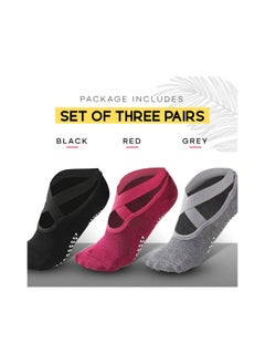 Generic COOLBABY Yoga Socks by Meego for Women Non Slip Grips & Straps, 3 Pairs, Black Grey & Red with Carrying Pouch, One Ideal Size, Sticky Grippers for Pilates, Pure Barre  - Image 5