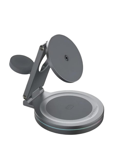 Sparkton 3 in 1 Wireless Charging Station  Fast 15W Charger for iPhone Apple Watch and AirPods  Qi Wireless Charging Dock with 360 Rotation Eco friendly Portable and Multi Device Charging Stand