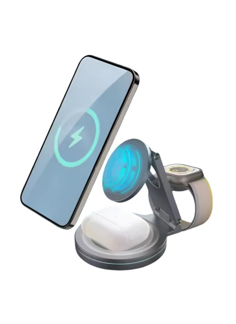 Sparkton 3 in 1 Wireless Charging Station  Fast 15W Charger for iPhone Apple Watch and AirPods  Qi Wireless Charging Dock with 360 Rotation Eco friendly Portable and Multi Device Charging Stand
