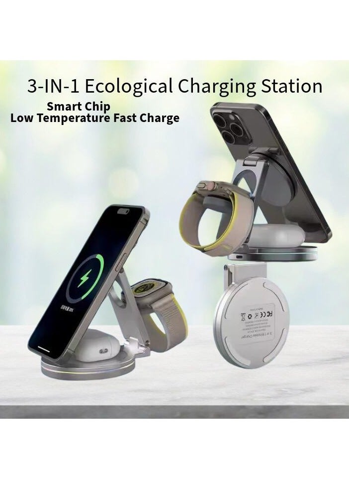 Sparkton 3 in 1 Wireless Charging Station  Fast 15W Charger for iPhone Apple Watch and AirPods  Qi Wireless Charging Dock with 360 Rotation Eco friendly Portable and Multi Device Charging Stand