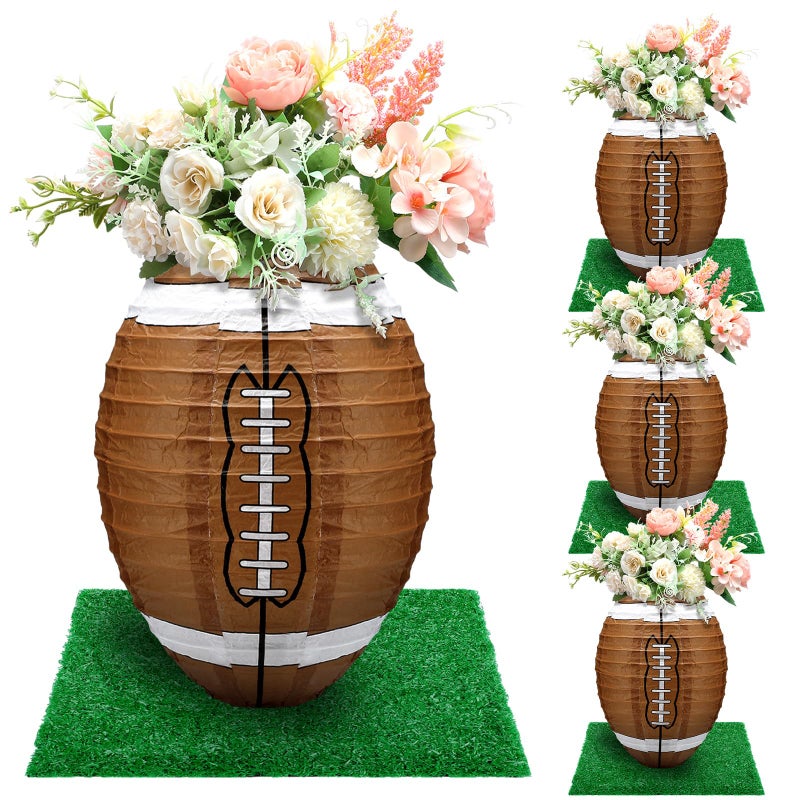Rossesay 4 Pcs Football Paper Lantern Centerpieces Decorations with 4 Pcs Grass Squares Football Table Decorations Faux Fake Grass Turf Patch for Sport Fan Birthday Party Favors - Image 3