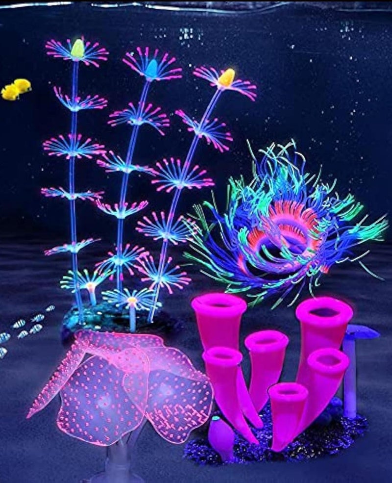 ZtohPyo 4 Pieces Aquarium Fish Tank Decorations with Glowing Effect Silicone Glow Artificial Ornament Coral Reef Plants for Aquarium Decoration Small and Large Fish Bowl Decor Accessories