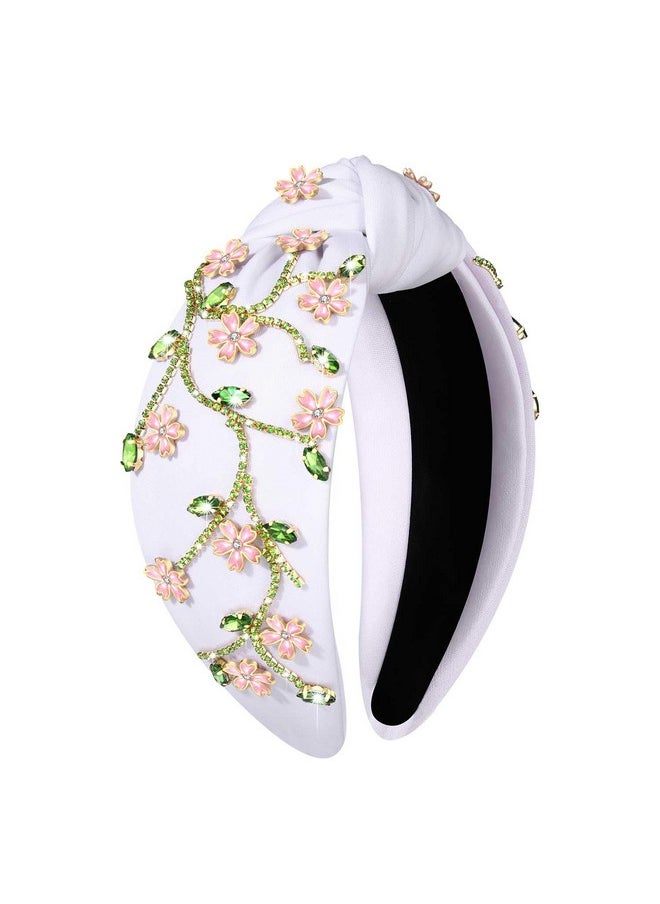 Boderier Flower Headband For Women Girls Jeweled Pink Flowers Knotted Headband Boho Summer Vacation Beach Headband Hair Accessories (Rhinestone Pink Flowerwhite) 