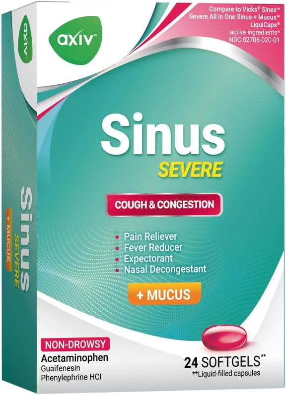 AXIV Sinus Severe  Mucus Relief NonDrowsy Loosens Mucus Maximum Strength Relief of Pain Pressure Congestion  Headache Ease 24 Softgels - Image 1