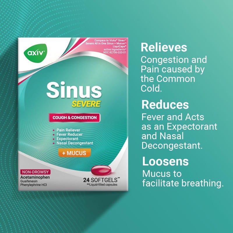 AXIV Sinus Severe  Mucus Relief NonDrowsy Loosens Mucus Maximum Strength Relief of Pain Pressure Congestion  Headache Ease 24 Softgels - Image 5