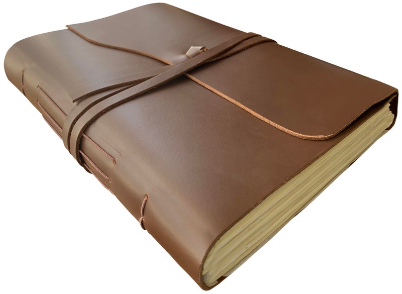 Rustic Town FULL-GRAIN Leather Photos Album (Handmade Paper) with Gift Box - Scrapbook Style Pages Holds 4x6 or 5x7 inches - Birthday, Memories, Wedding Photos (Brown, Large) - Image 1