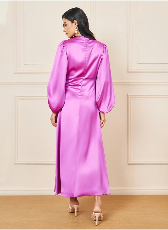 Styli - Satin Balloon Sleeves Front Slit A-Line Maxi Dress - Image 1