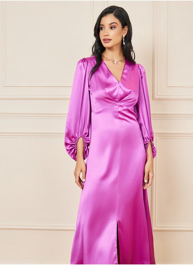 Styli - Satin Balloon Sleeves Front Slit A-Line Maxi Dress - Image 1