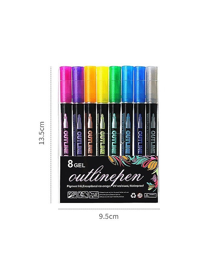 8 Colors Outline Markers Pens, Outline Metallic Markers Double Line Markers Highlighter Pens, Illustration Coloring Sketching Card Make, Greeting Cards DIY Scrapbook Tool Pens - Image 2