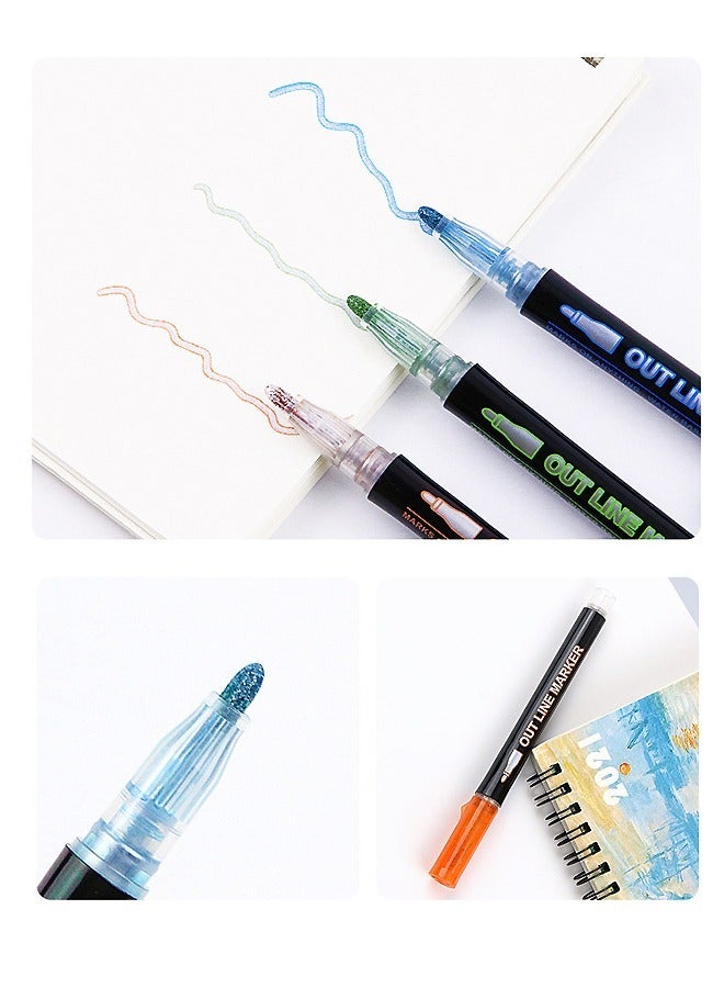 8 Colors Outline Markers Pens, Outline Metallic Markers Double Line Markers Highlighter Pens, Illustration Coloring Sketching Card Make, Greeting Cards DIY Scrapbook Tool Pens - Image 5
