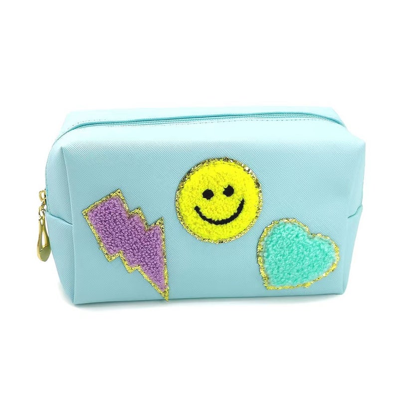 New Smiley Embroidered Towel Makeup Bag for WomenLightning smile light blue Lightning smile light blue