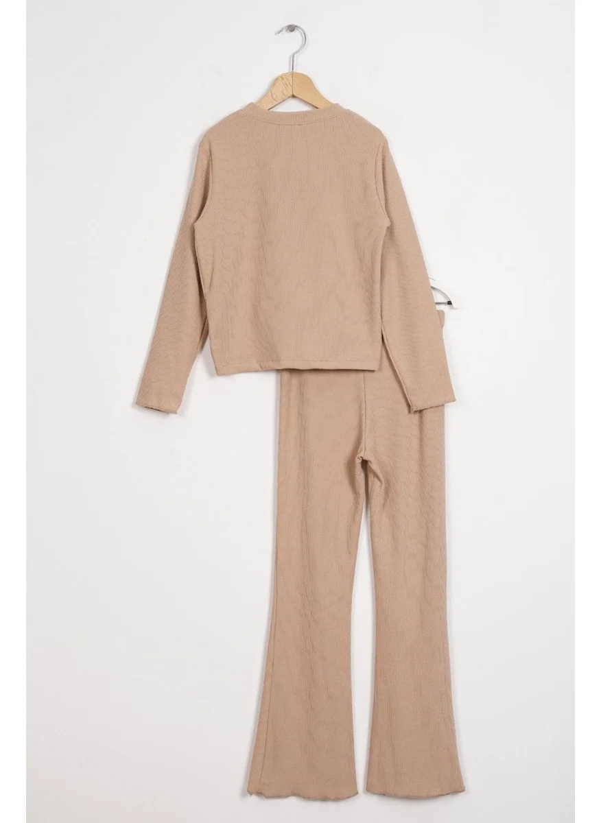 Zepkids Crew Neck Long Sleeve Printed Beige Color Girl Child Trouser Set
