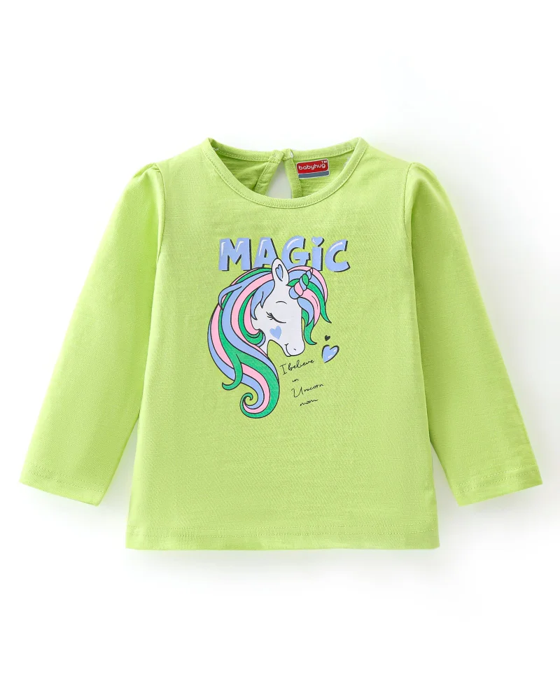 babyhug Babyhug Cotton Knit Full Sleeves Tee with Unicorn Graphic Print - Green