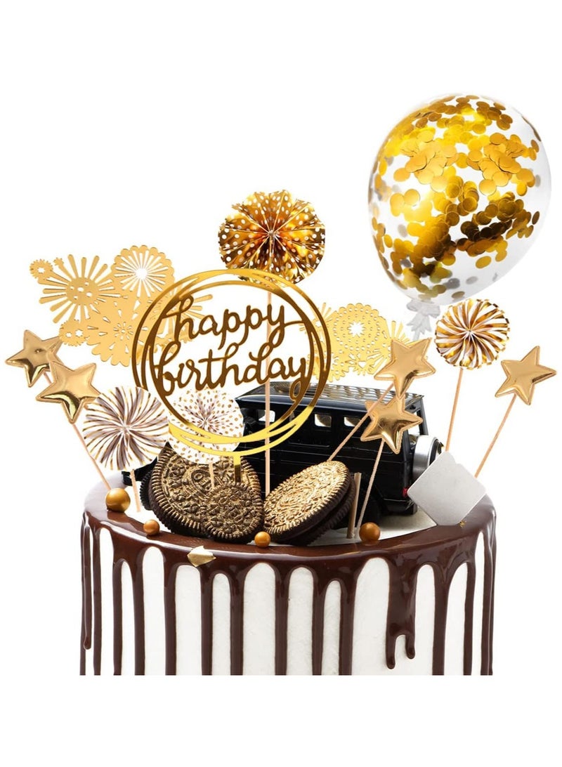 KASTWAVE Cake Decorations 13Pcs Cake Toppers Kit Cupcake Topper with Golden Paper Fans Happy Birthday Acrylic Banner Sequins Balloon Fireworks Stars for Gold Theme Birthday Party Anniversary Cake Decor - Image 1