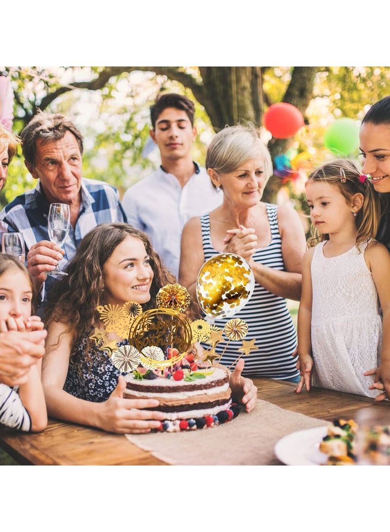 KASTWAVE Cake Decorations 13Pcs Cake Toppers Kit Cupcake Topper with Golden Paper Fans Happy Birthday Acrylic Banner Sequins Balloon Fireworks Stars for Gold Theme Birthday Party Anniversary Cake Decor - Image 4