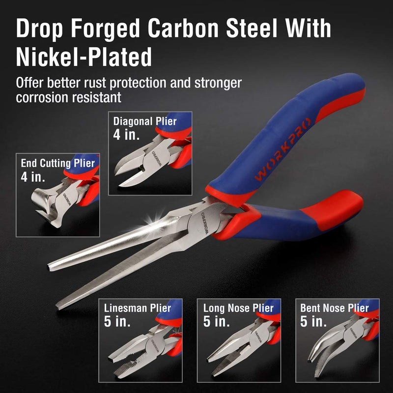 WORKPRO 6-piece Mini Pliers Set - Needle Nose, Diagonal, Long Nose, Bent Nose, End Cutting and Linesman, for Making Crafts, Repairing Electronic Devices, with Pouch - Image 2