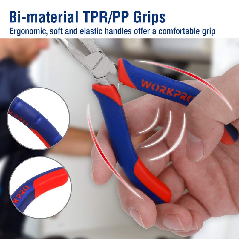 WORKPRO 6-piece Mini Pliers Set - Needle Nose, Diagonal, Long Nose, Bent Nose, End Cutting and Linesman, for Making Crafts, Repairing Electronic Devices, with Pouch - Image 4