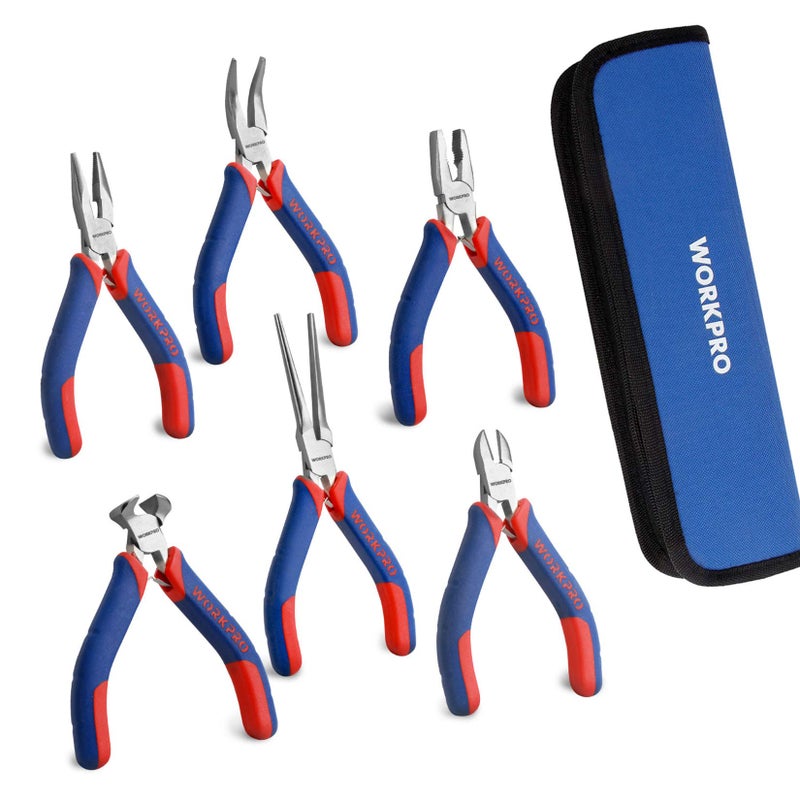 WORKPRO 6-piece Mini Pliers Set - Needle Nose, Diagonal, Long Nose, Bent Nose, End Cutting and Linesman, for Making Crafts, Repairing Electronic Devices, with Pouch - Image 1