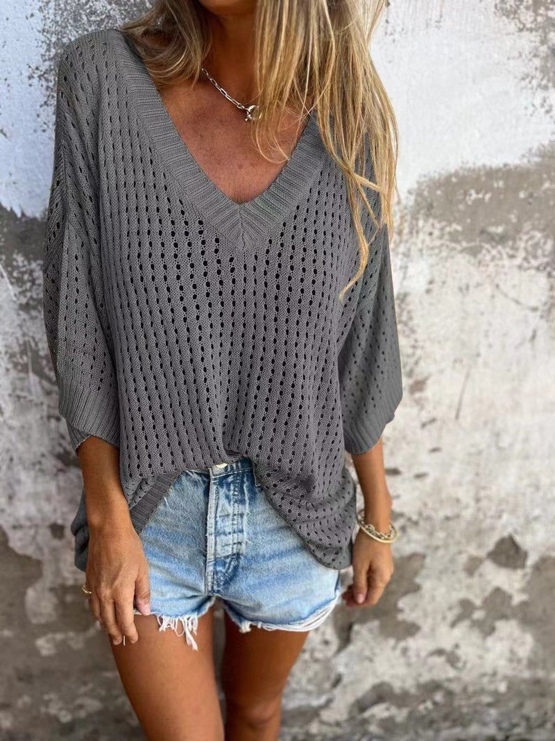 New Hollow-Out T-Shirt Women'S Loose Long-Sleeved Knitted Chinese Fir Lazy Style Design V-Neck Slim Sweater - Image 4