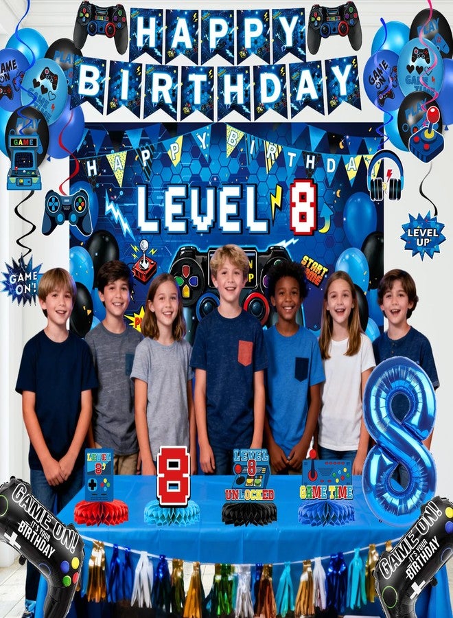 Oigco Video Game 8th Birthday Decorations for Boys, Level 8 Backdrop, Banner, Hanging Swirls, Honeycomb Centerpieces, Foil & Latex Balloons for Boy Video Game Birthday Decorations - Image 4