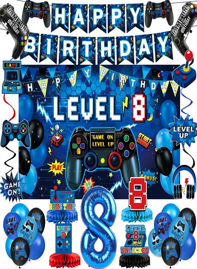 Oigco Video Game 8th Birthday Decorations for Boys, Level 8 Backdrop, Banner, Hanging Swirls, Honeycomb Centerpieces, Foil & Latex Balloons for Boy Video Game Birthday Decorations - Image 1