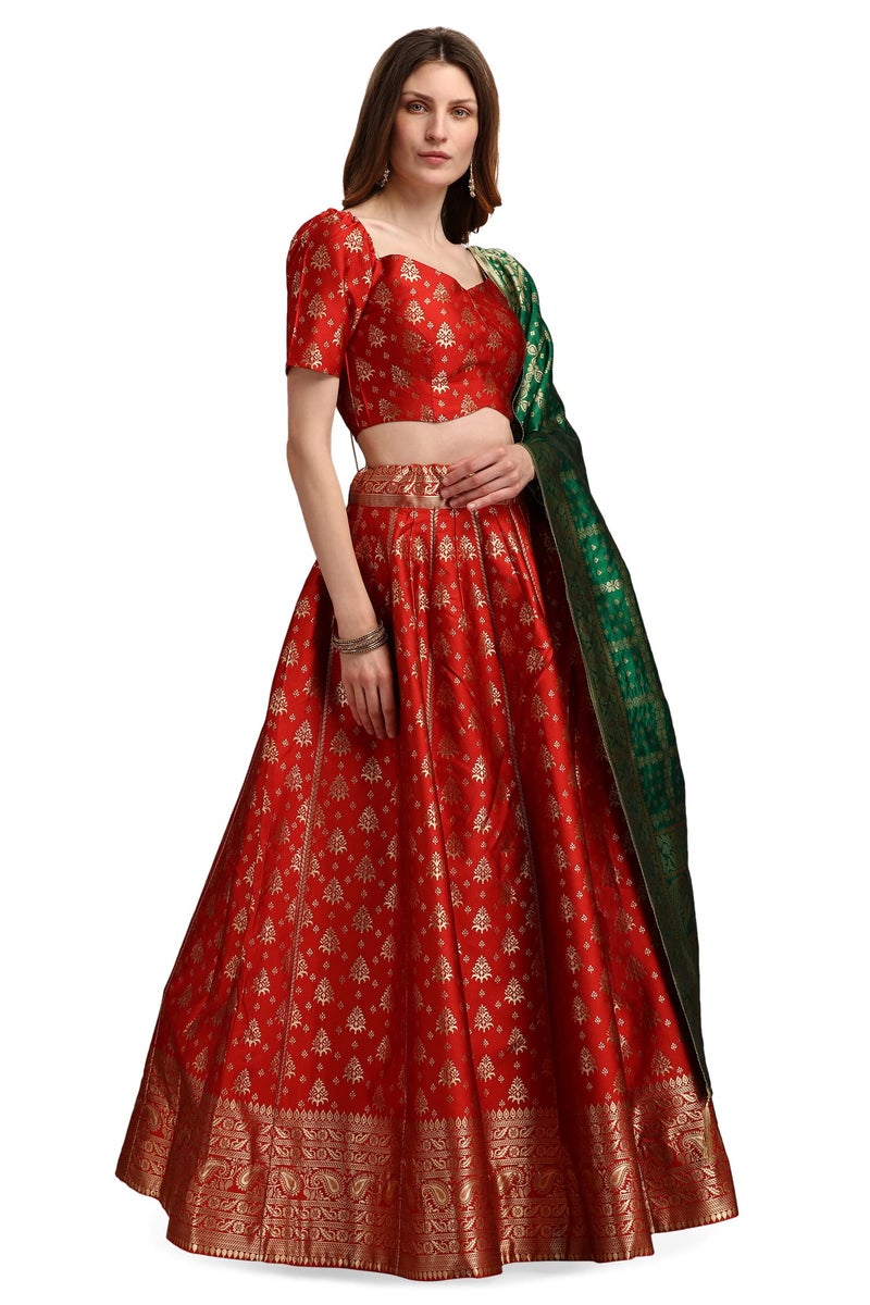 PURVAJA Women's Jacquard Semi-Stitched Lehenga choli (Trisha-Red_Red_Free Size) - Image 4