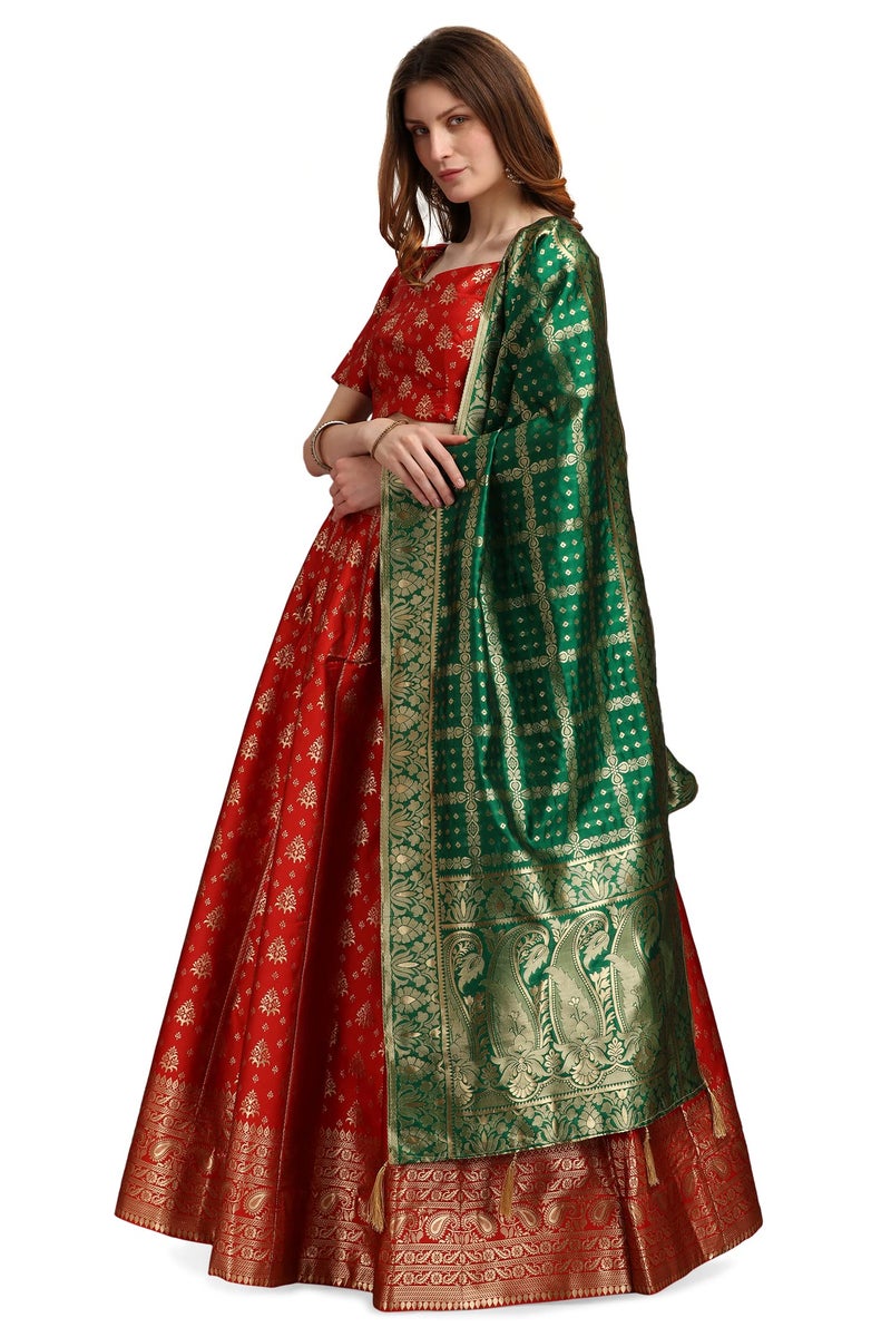 PURVAJA Women's Jacquard Semi-Stitched Lehenga choli (Trisha-Red_Red_Free Size) - Image 3