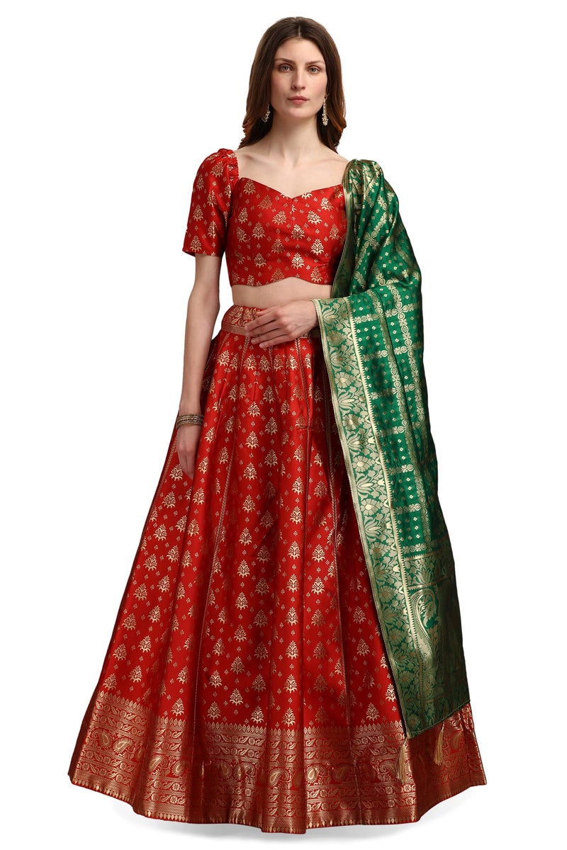 PURVAJA Women's Jacquard Semi-Stitched Lehenga choli (Trisha-Red_Red_Free Size) - Image 1