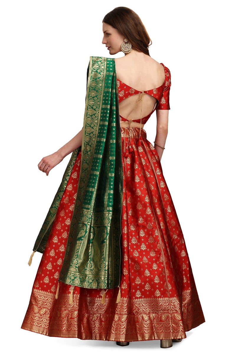 PURVAJA Women's Jacquard Semi-Stitched Lehenga choli (Trisha-Red_Red_Free Size) - Image 2