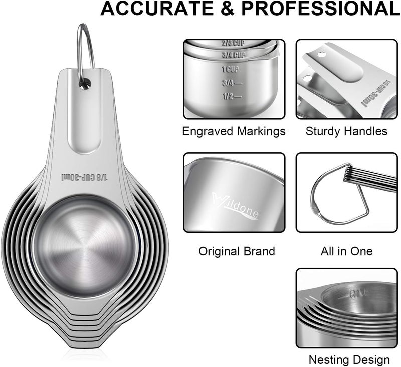 Wildone Measuring Cups & Spoons Set of 21 - Includes 7 Stainless Steel Nesting Cups, 8 Measuring Spoons, 1 Leveler & 5 Mini Measuring Spoons, Ideal for Dry and Liquid Ingredients - Image 2