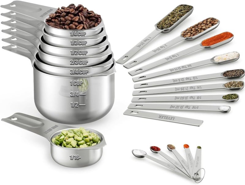 Wildone Measuring Cups & Spoons Set of 21 - Includes 7 Stainless Steel Nesting Cups, 8 Measuring Spoons, 1 Leveler & 5 Mini Measuring Spoons, Ideal for Dry and Liquid Ingredients - Image 1