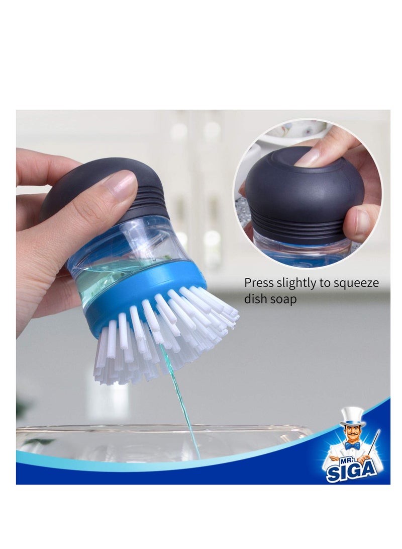 Dish Scrubber with Soap Dispenser, Leak-Proof Design, for Dish Pot Pan Kitchen Sink Cleaning, Replaceable Head, Brush with Sponge Head, safe on dishes, sink, non-stick cookware (3pcs)
