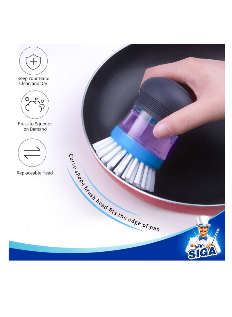 Dish Scrubber with Soap Dispenser, Leak-Proof Design, for Dish Pot Pan Kitchen Sink Cleaning, Replaceable Head, Brush with Sponge Head, safe on dishes, sink, non-stick cookware (3pcs)