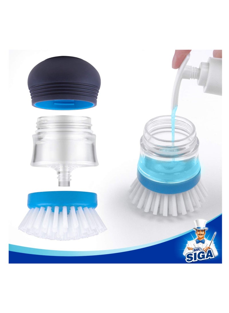 Dish Scrubber with Soap Dispenser, Leak-Proof Design, for Dish Pot Pan Kitchen Sink Cleaning, Replaceable Head, Brush with Sponge Head, safe on dishes, sink, non-stick cookware (3pcs)