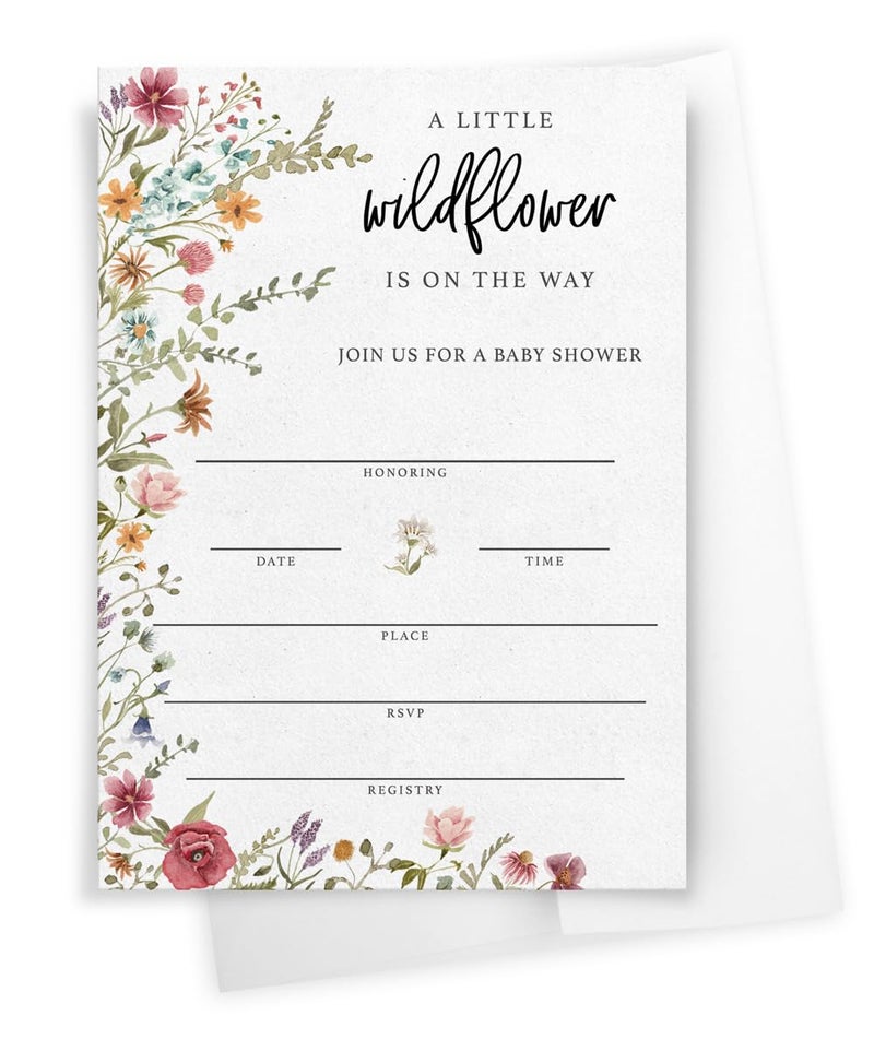 Printed Party Baby Shower Invitations with Envelopes â€“ Wildflower Theme for Girl, Baby In Bloom Sprinkle, Set of 30 - Image 1