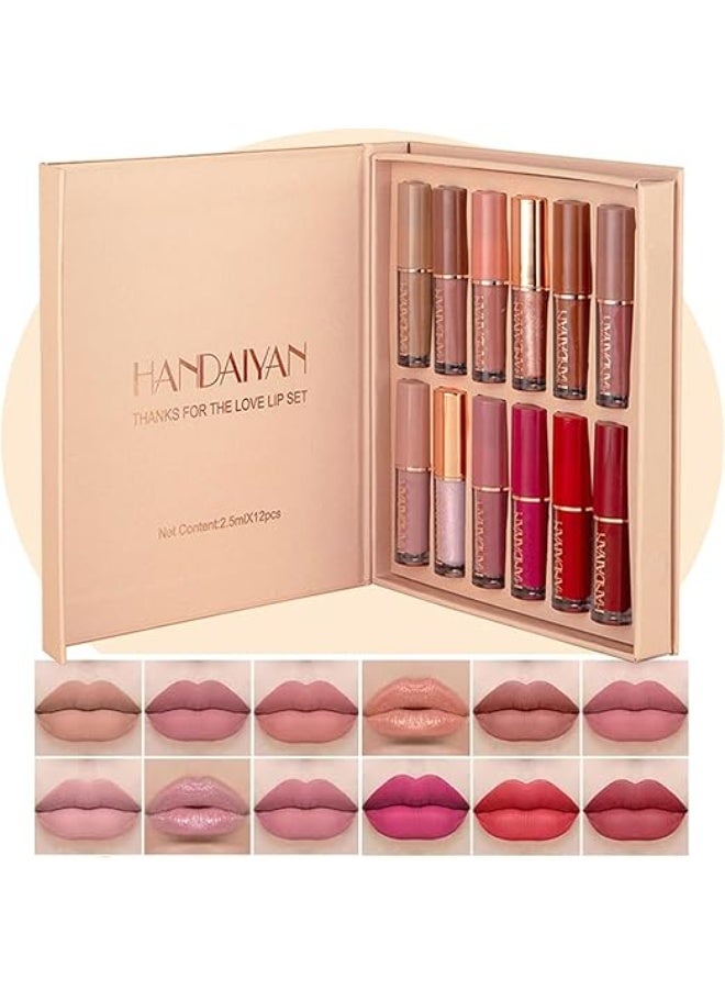HANDAIYAN Lipstick Set Matte Liquid 12 Colors Long Lasting Waterproof for Women Highly Pigment Velvety Nude Super Stay Soft Hydrating & Lightweight Professional Moisturizing Makeup Lips Gift - Image 1