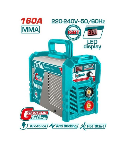 Super Total 160A Inverter Portable MMA Welding Machine | IGBT Technology, LED Display, Anti-Stick & Hot Start, Complete with Electrode Holder & Helmet |Welder for DIY and Professional Use, 1~240V Input, with Accessories