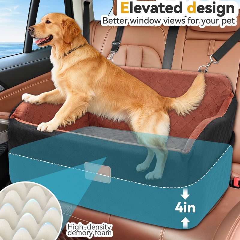 INDYBUD Dog Car Seat for Medium/Large Dogs, Memory Foam Pet Booster Seat for Under 55 lbs or 2 Small Dogs, Detachable Dog Car Bed for Backseat with 2 Safety Leashes and Pockets(Black/Brown, Large) - Image 3