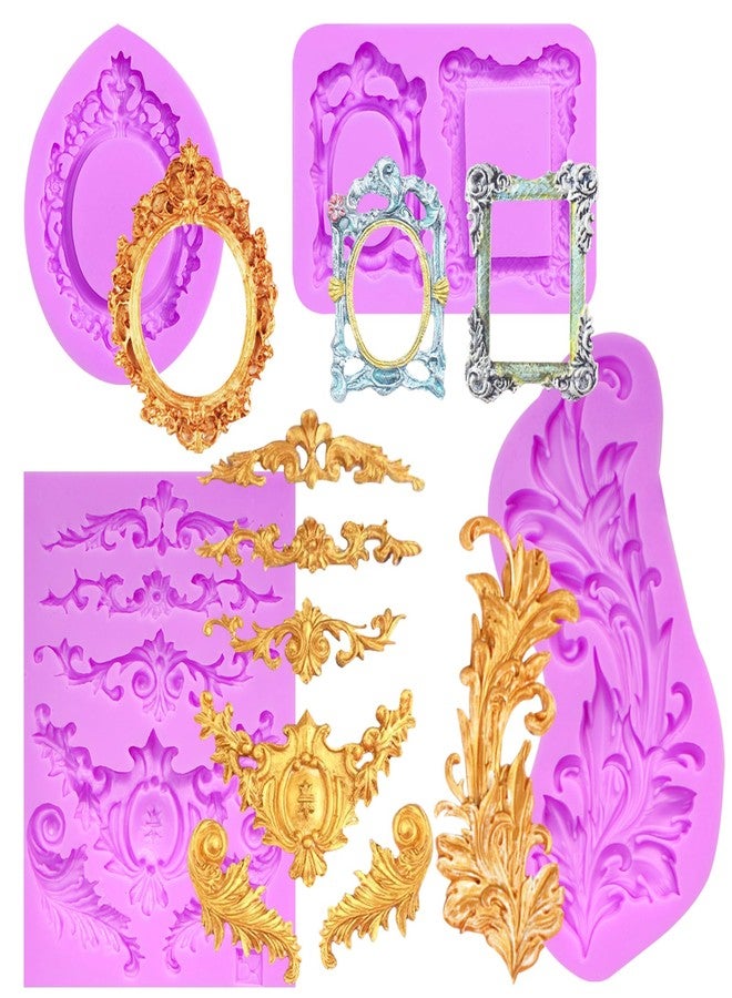 acvcatto 4 Pcs Baroque Style Curlicues Scroll Lace Fondant Silicone Molds, Filigree Relief Flower Chocolate Molds for 3D Sculpted Decoration Cupcake Topper Jewelry Polymer Clay Crafting Projects - Image 1