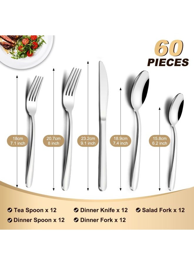 Pleafind 60-Pcs Silverware Set Service for 12, Premium Stainless Steel Flatware Set, Include Forks Spoons and Knives Set, Mirror Polished Cutlery Utensil Set for Home Restaurant, Dishwasher Safe - Image 2