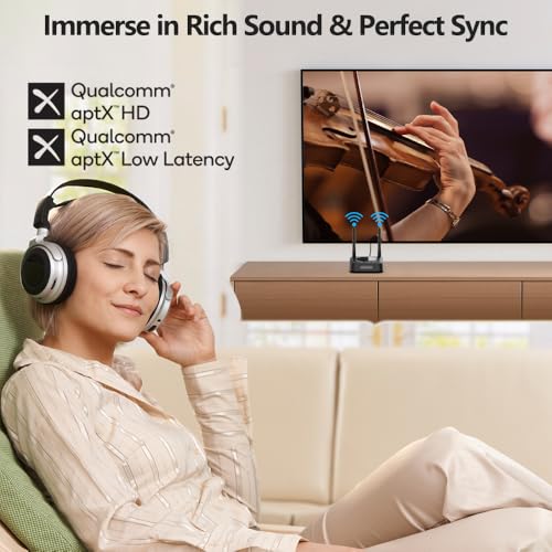 1Mii B06TX+ Long Range Bluetooth 5.2 Transmitter for TV/PC/Projector to 2 Wireless Headphones/Speakers, Bluetooth Adapter for TV w/Screen Display Plug n Play, aptX Low Latency & HD Audio - Image 2