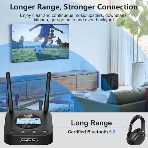 1Mii B06TX+ Long Range Bluetooth 5.2 Transmitter for TV/PC/Projector to 2 Wireless Headphones/Speakers, Bluetooth Adapter for TV w/Screen Display Plug n Play, aptX Low Latency & HD Audio - Image 3