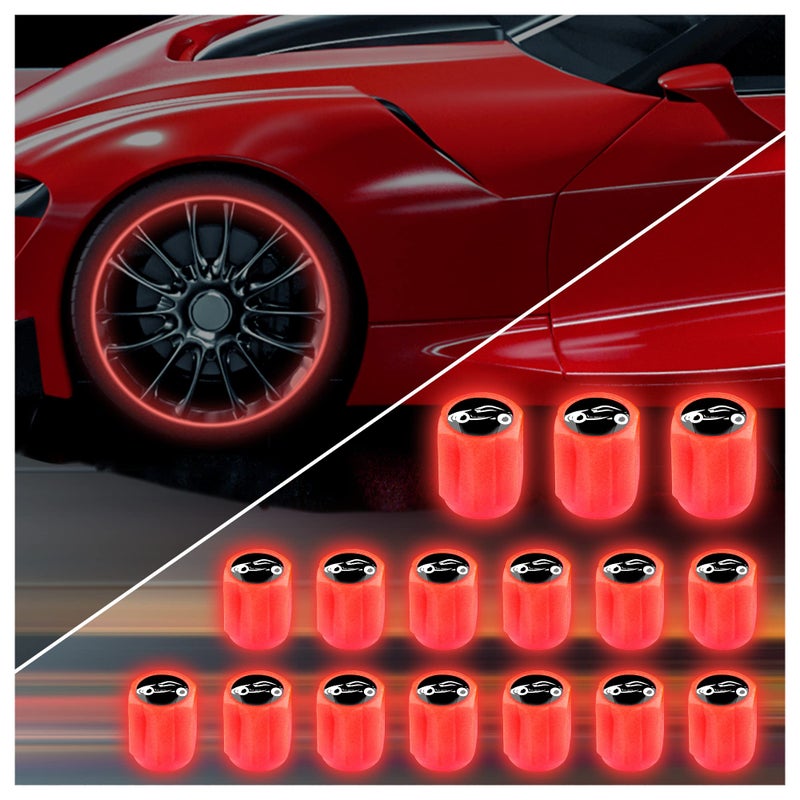 16PCS Fluorescent Tire Valve Stem Caps,Luminous Auto Wheel Air Valve Cap,Universal Decoration Accessories for Car/SUV/Bicycle/Trucks/Motorcycles,Cool Car Gifts (Car/Red-16pcs)