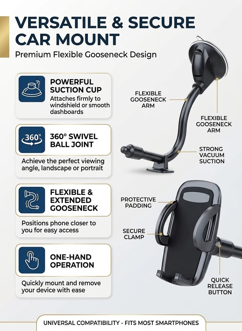 Liboer Cell Phone Holder for Car Phone Mount Long Arm Dashboard Windshield Car Phone Holder Strong Suction Anti-Shake Stabilizer Phone Car Holder Compatible with All Phone Apple and Android Smartphone - Image 2