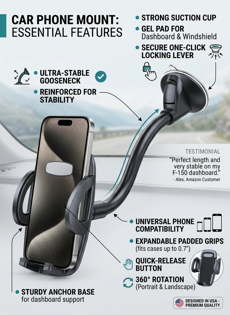 Liboer Cell Phone Holder for Car Phone Mount Long Arm Dashboard Windshield Car Phone Holder Strong Suction Anti-Shake Stabilizer Phone Car Holder Compatible with All Phone Apple and Android Smartphone - Image 3