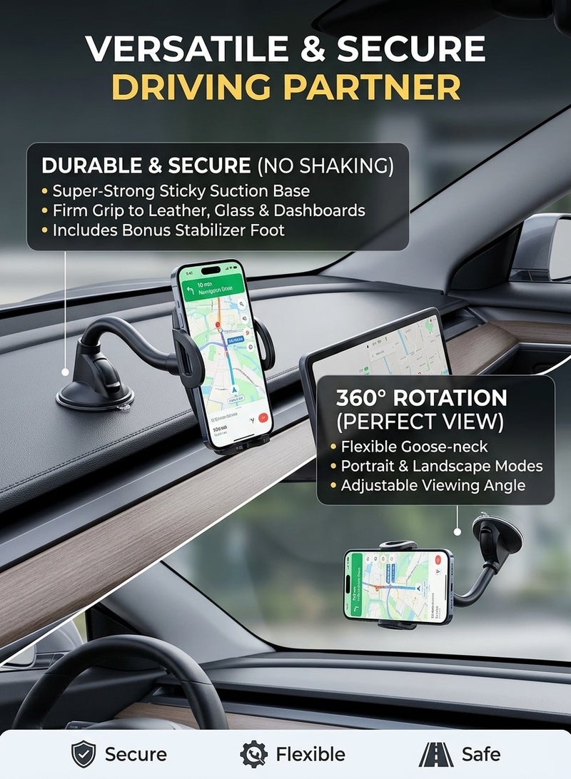 Liboer Cell Phone Holder for Car Phone Mount Long Arm Dashboard Windshield Car Phone Holder Strong Suction Anti-Shake Stabilizer Phone Car Holder Compatible with All Phone Apple and Android Smartphone - Image 5