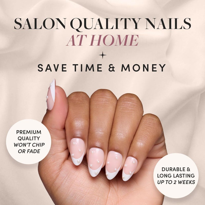 Glamnetic Non sticky surface Press On Nails - French Pearl | Glossy, Short Almond French Tip Fake Nails with 3D Accents, Salon Quality | 15 Sizes - 30 Nail Kit with Glue Classic design alternatives - Image 2