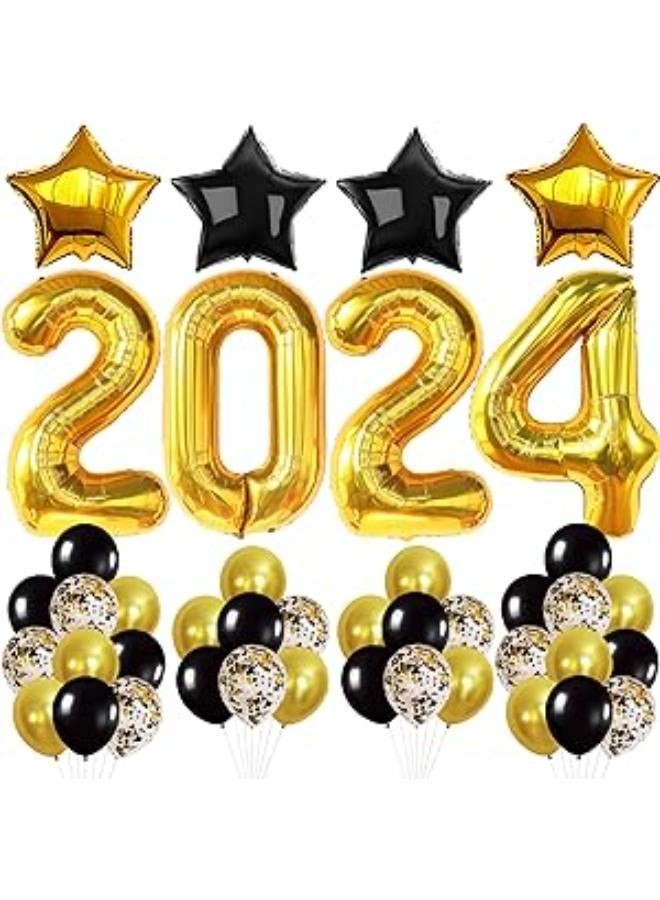 مجموعة بالونات ذهبية 2021 لديكورات التخرج 2021 - كبيرة، 40 بوصة | بالونات التخرج باللونين الأسود والذهبي 2021 | بالونات قصاصات ذهبية وسوداء وفضية مع بالونات على شكل نجمة | لوازم حفلات التخرج