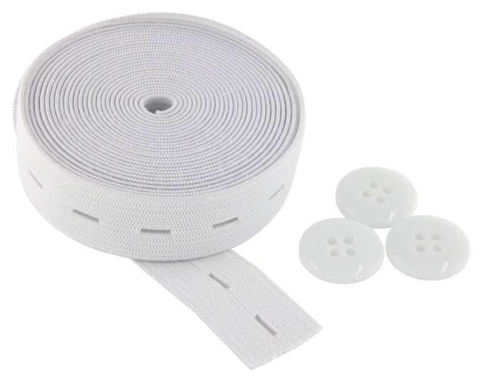 FLAT SEWING BAND SPOOL WITH BUTTONHOLES ELASTIC STRETCHABLE IDEAL FOR DIY WAISTBANDS AND NECKLINES WHITE 34 INCH 3 YARDS